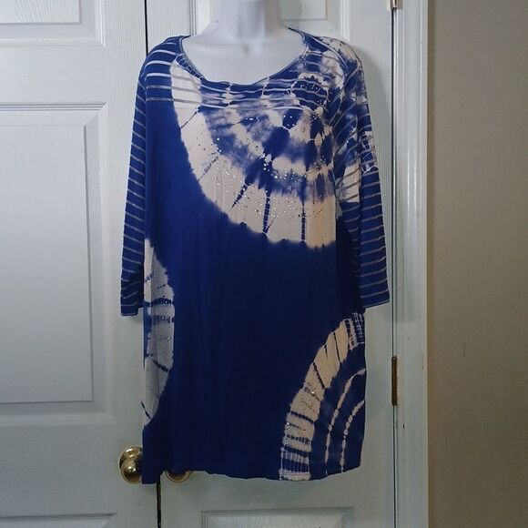 Thomas & Olivia royal blue and white tie dye tunic with rhinestones Sz 2X - Picture 1 of 7
